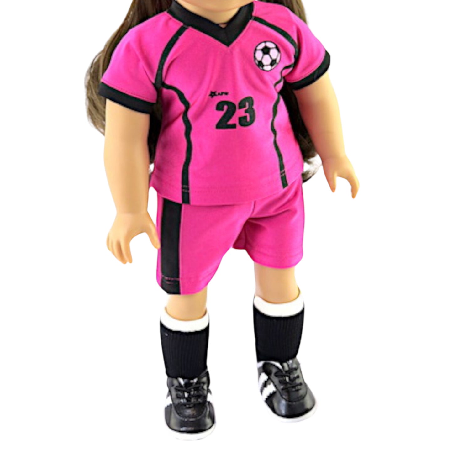 Magenta and Black Soccer Outfit with Accessories for 18-inch dolls with doll