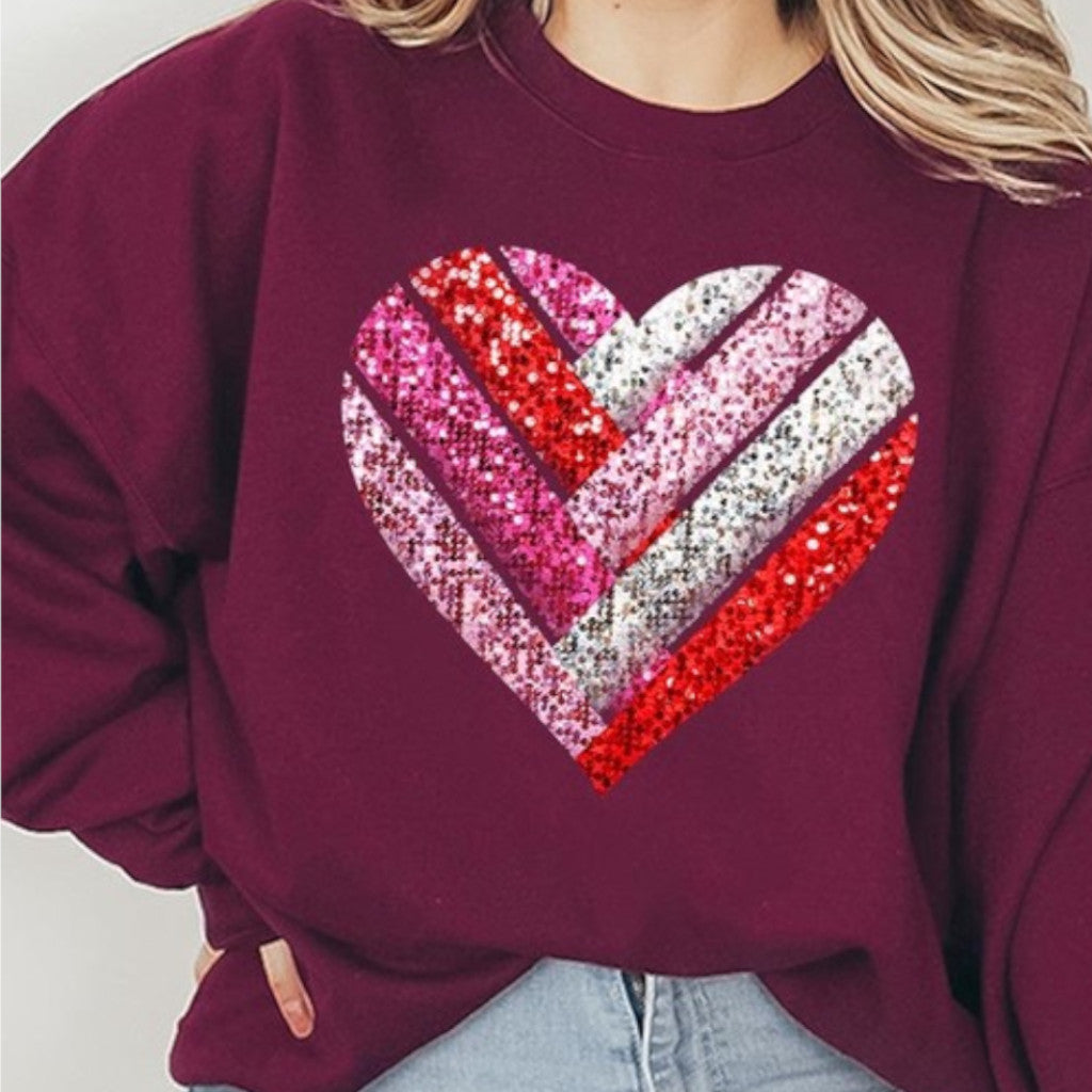 Maroon Faux Sequins Striped Heart Graphic Sweatshirt