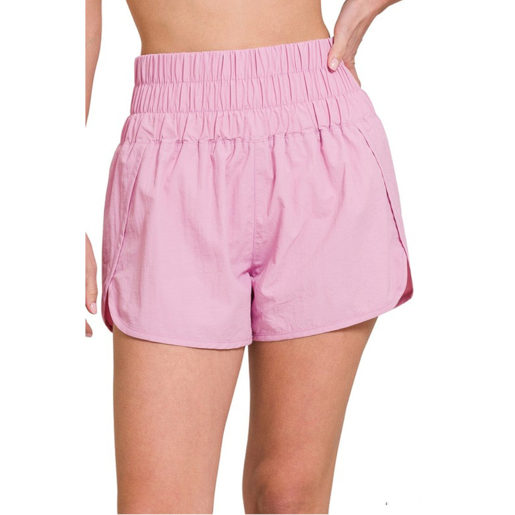 Mauve Windbreaker Smocked Waistband Running Shorts