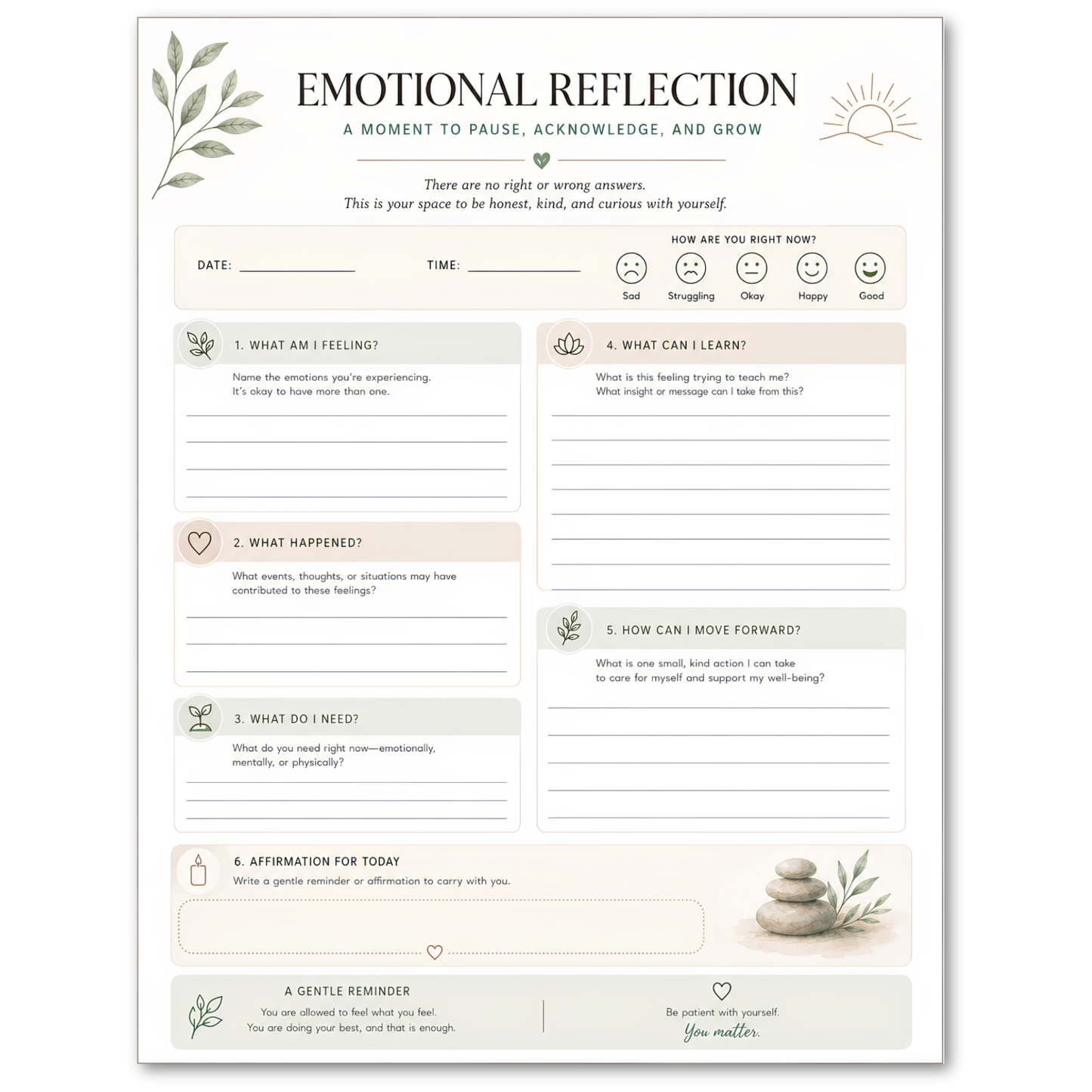 Emotional reflection sheet with prompts for self-awareness on a white background