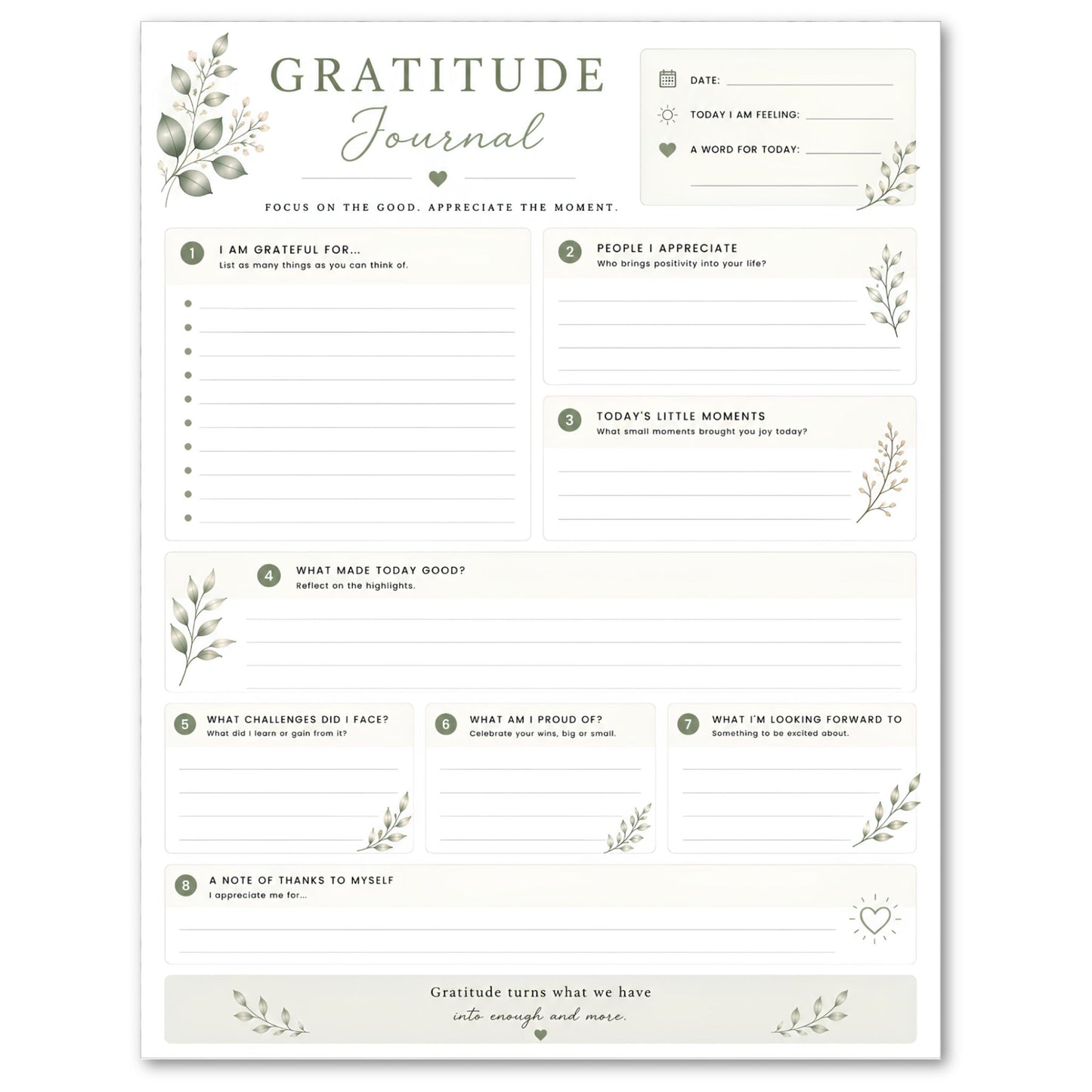 Gratitude journal with text and bullet points on a white background