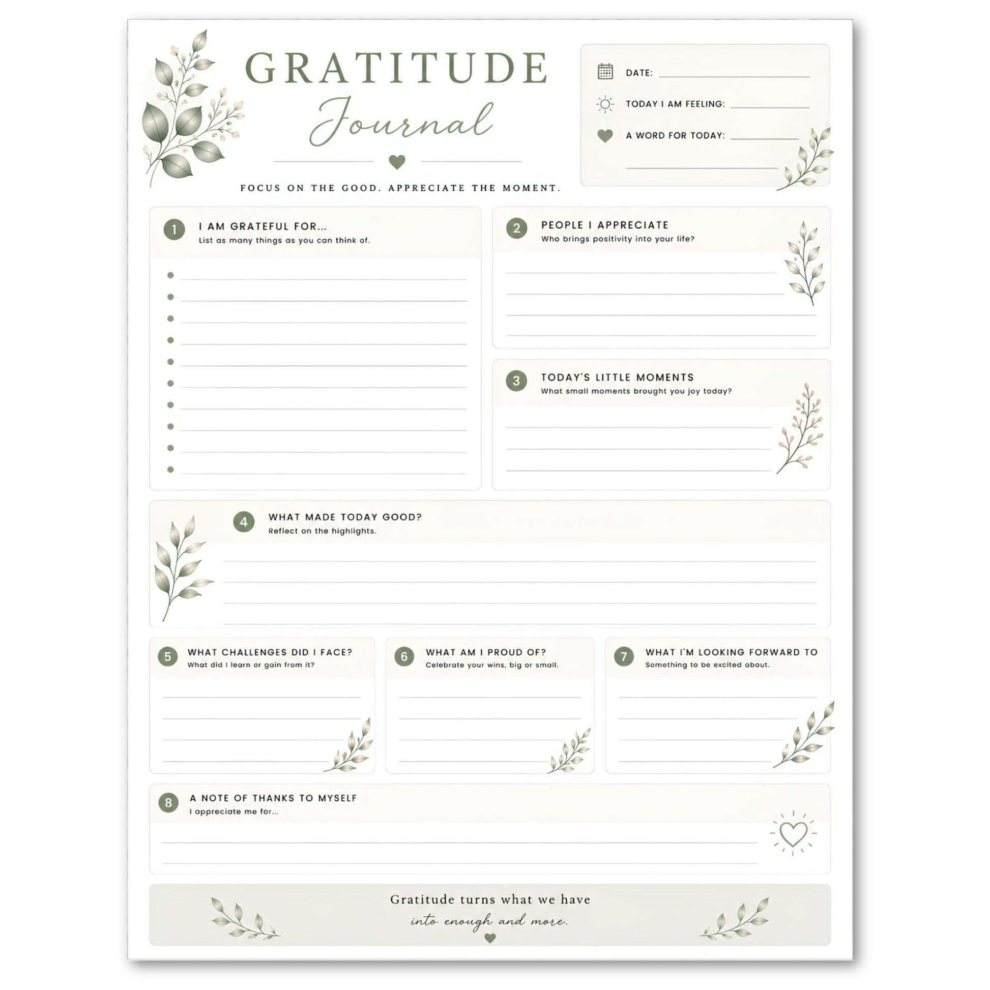 Gratitude journal with text and bullet points on a white background