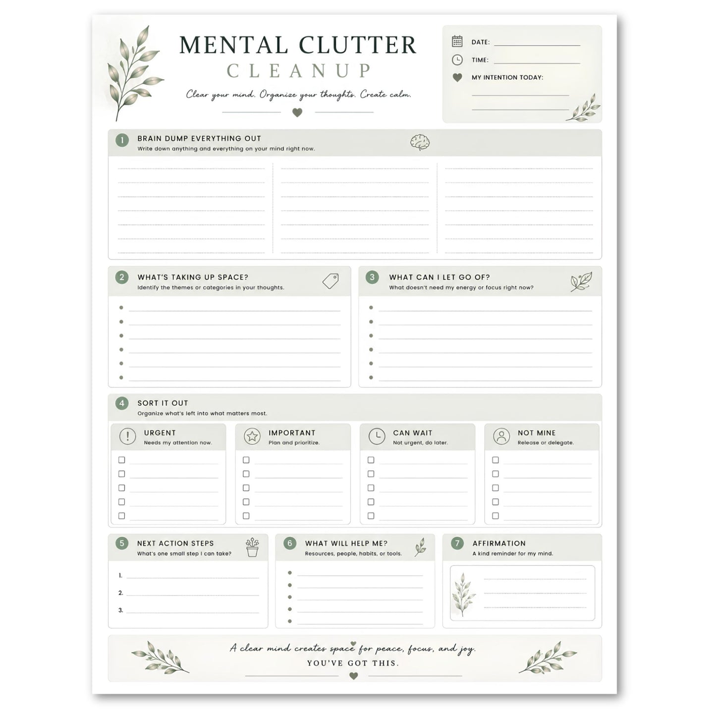 Mental Clutter Cleanup planner sheet with various sections for organizing thoughts and tasks.