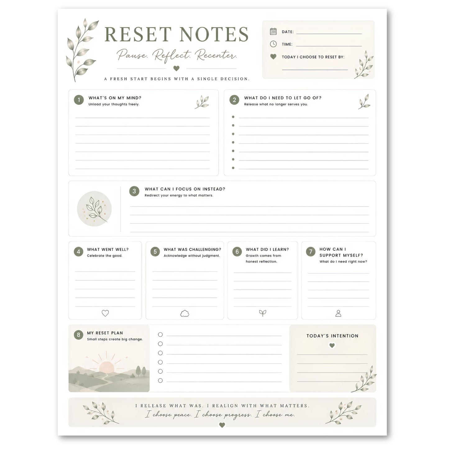 Reset Notes sheet with reflective questions on a white background