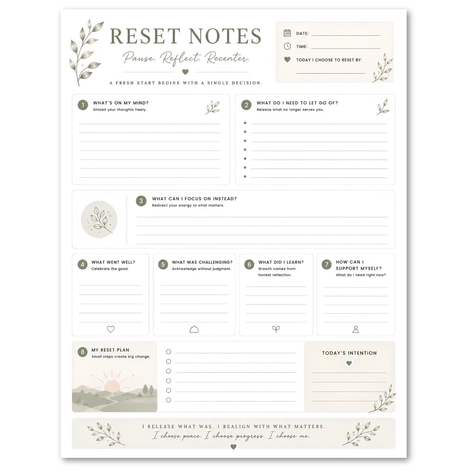 Reset Notes sheet with reflective questions on a white background