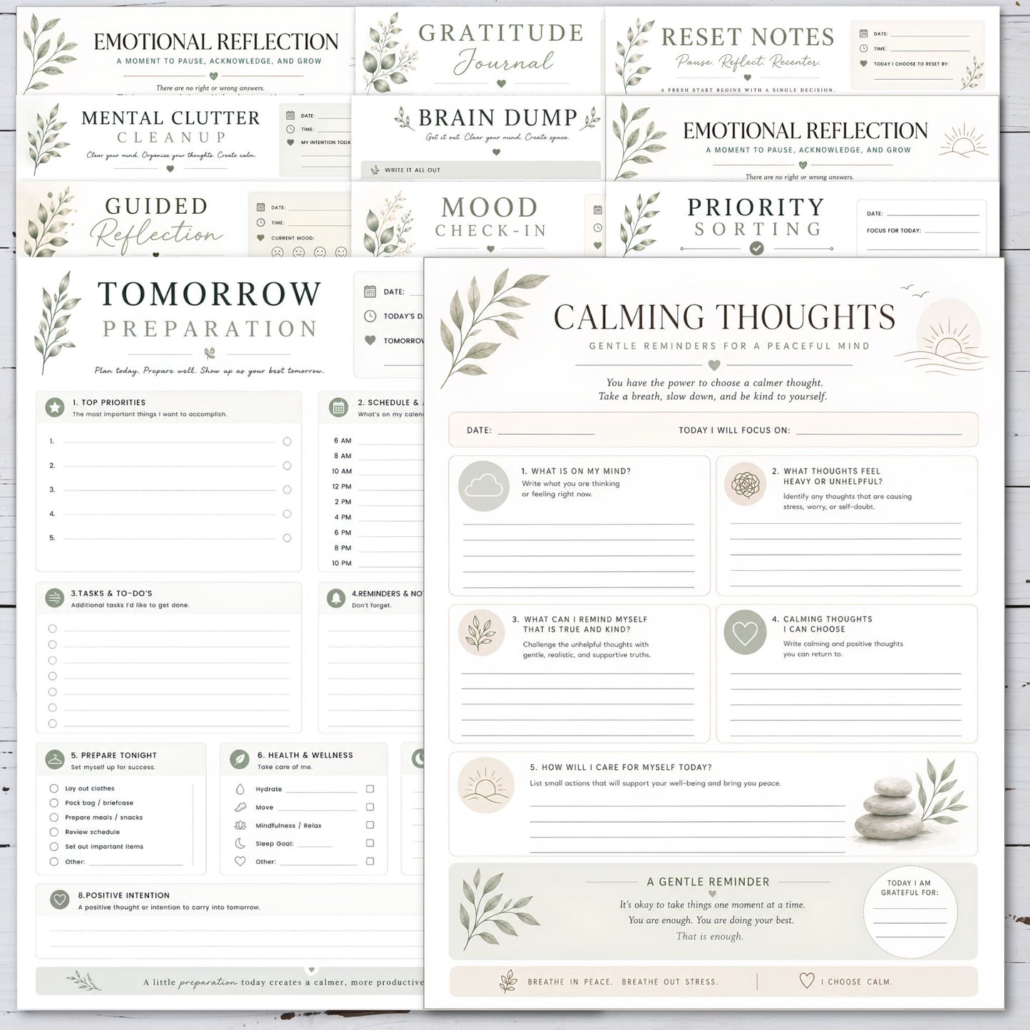 Set of self-help and reflection worksheets on a white background