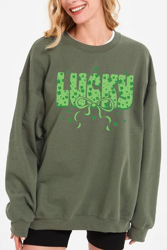 Military Green Coquette Lucky Bow Graphic Sweatshirt