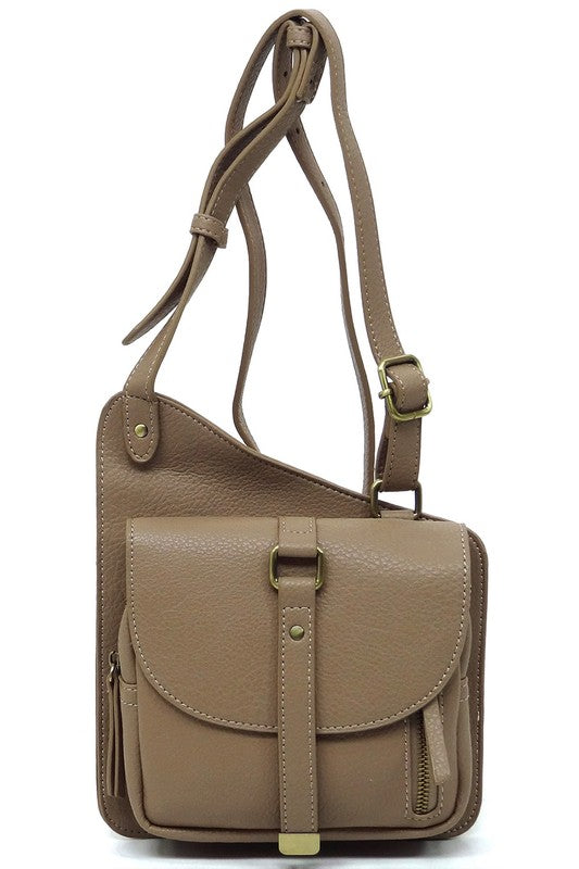 Mocha Fashion Flat Crossbody Bag Front view with Strap Up