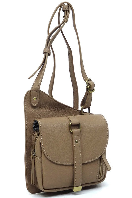 Mocha Fashion Flat Crossbody Bag Side view with Strap Up