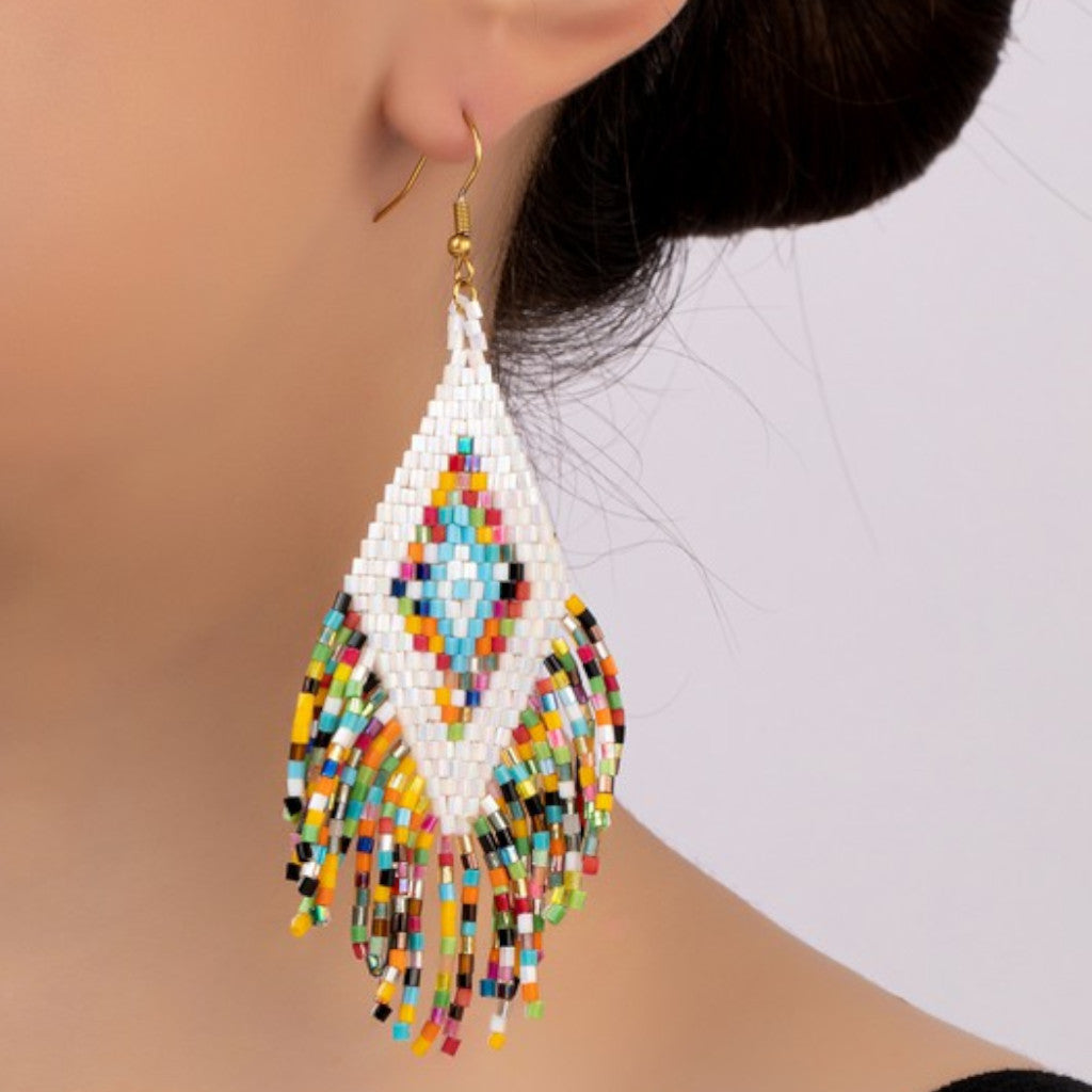 Multi Boho Seed Bead Drop Earrings on ear