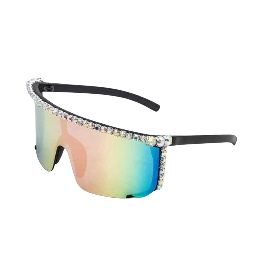Multicolor Rhinestone Shield Inspired Statement Sunglasses Side view