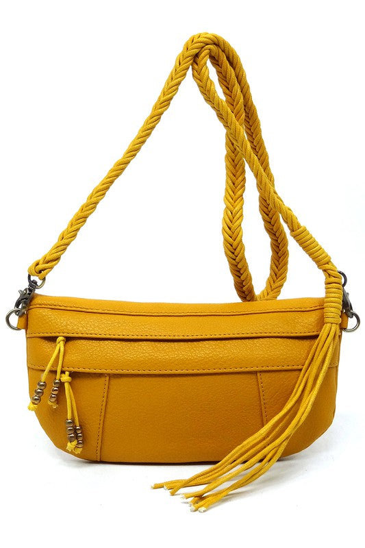 Mustard Braided Tassel Strap Crossbody Bag Front view Strap Up