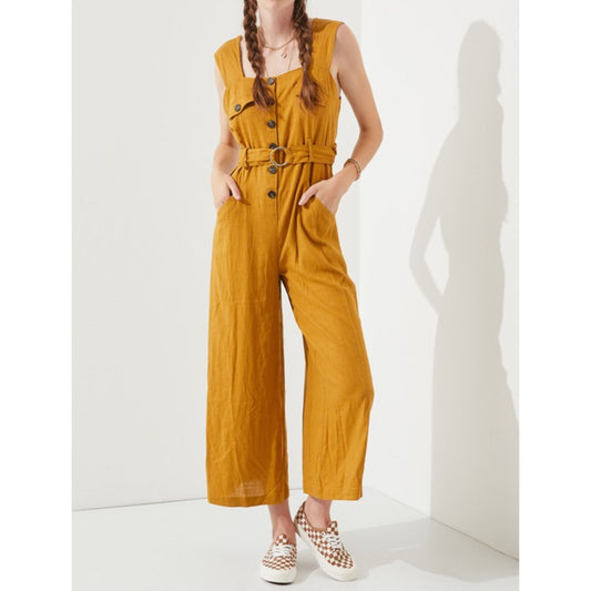 Sleeveless Square Neck Button Down Ankle Jumpsuit