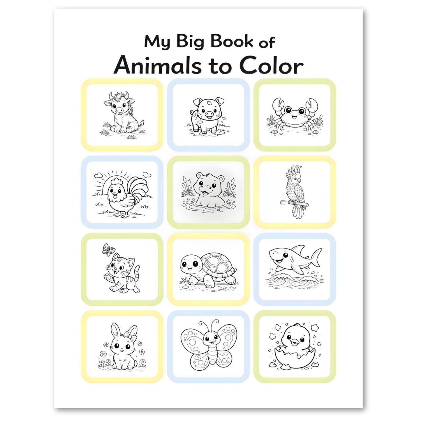 Cover of 'My Big Book of Animals to Color' with illustrations of various animals.