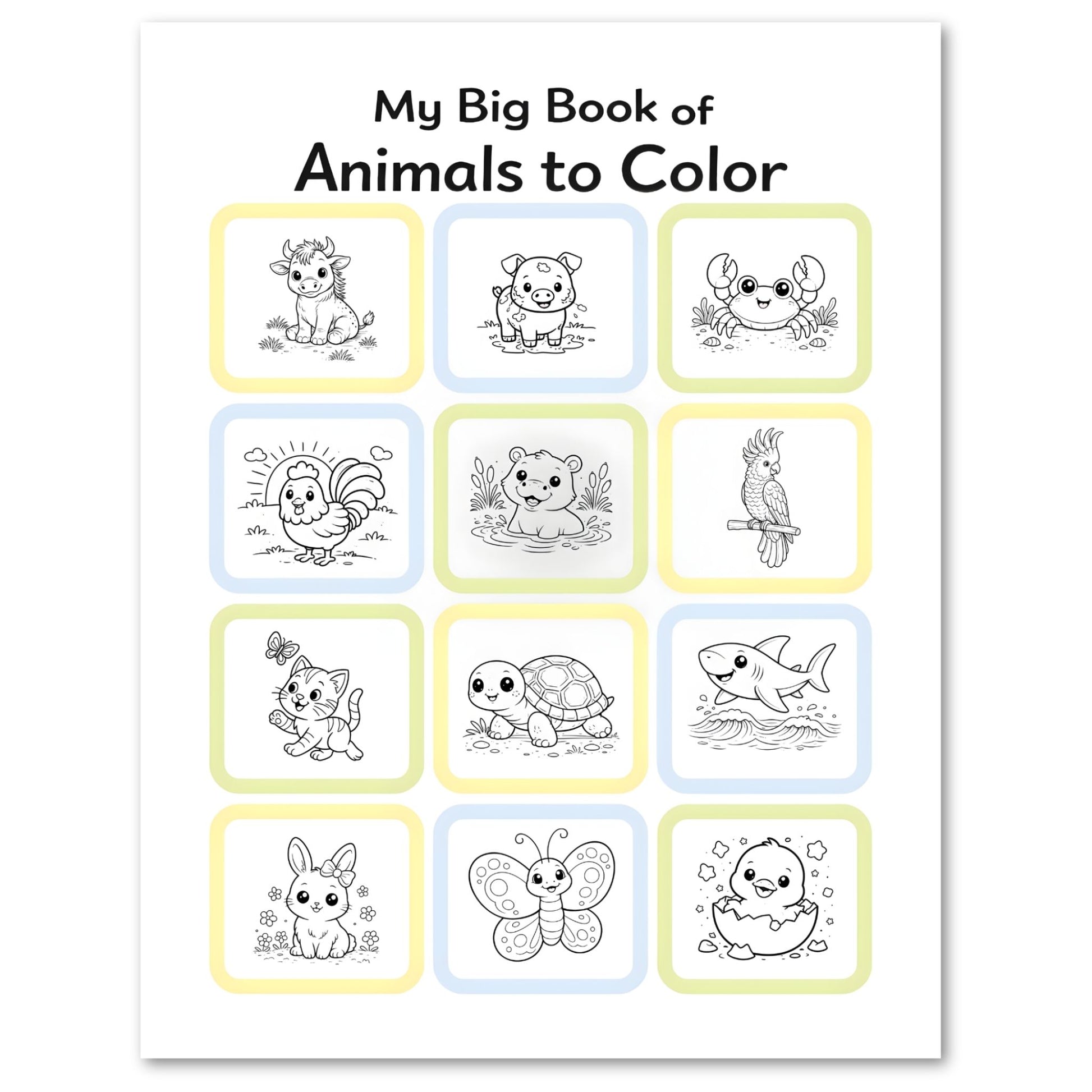 Cover of 'My Big Book of Animals to Color' with illustrations of various animals.
