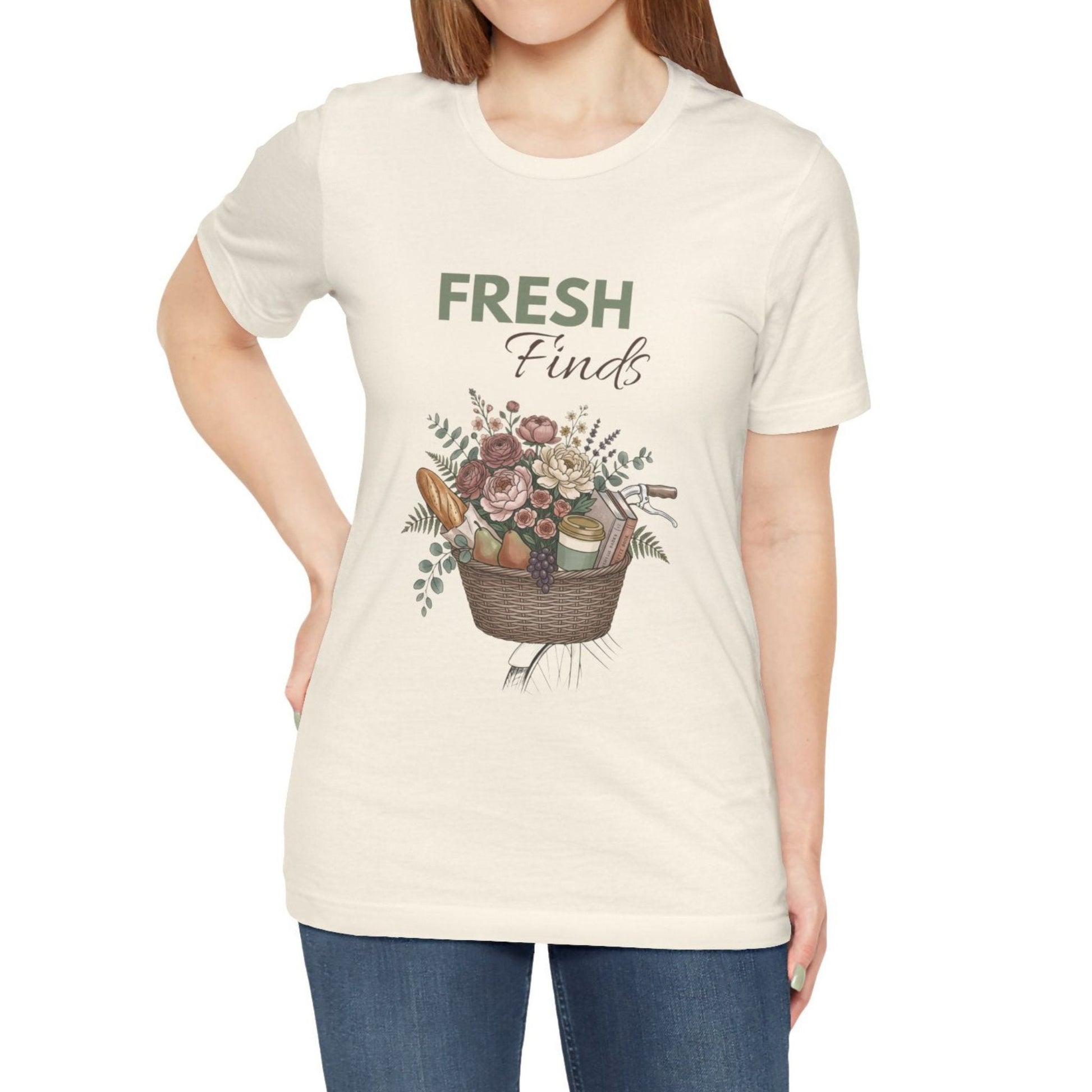 A natural colored t-shirt with 'FRESH Finds' on the front.