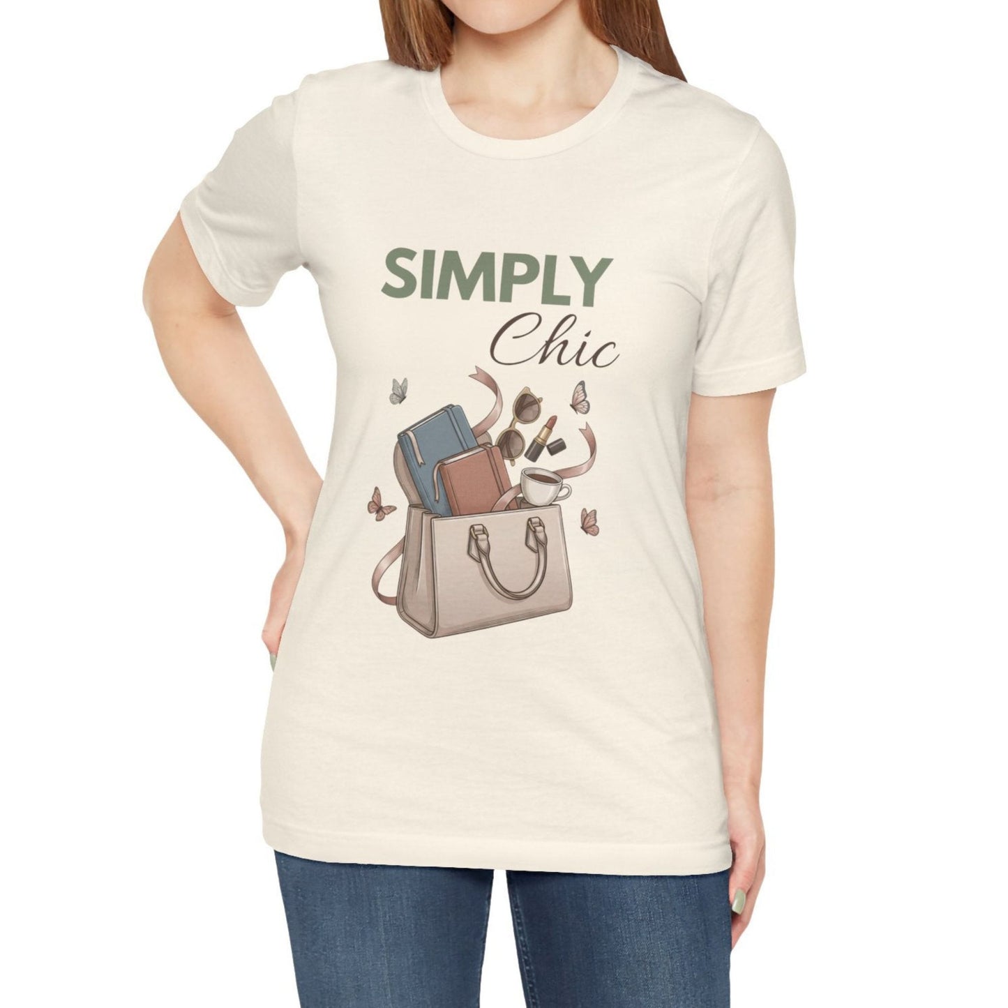 A woman is wearing a natural colored t-shirt with 'SIMPLY Chic' on the front.