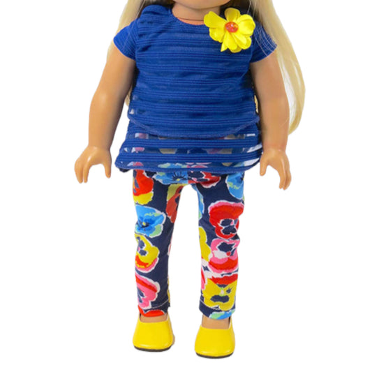 Navy Blue Floral Print Pants Set for 18-inch dolls with doll