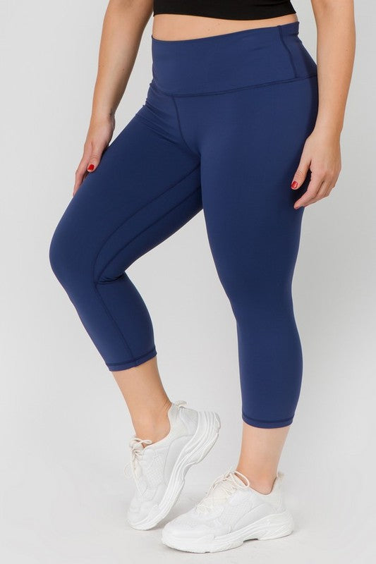 Navy Blue Buttery Soft Capri Activewear  Leggings Plus Side view on Model