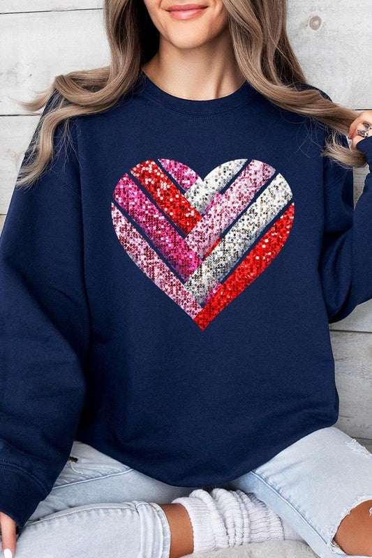 Navy Faux Sequins Striped Heart Graphic Sweatshirt