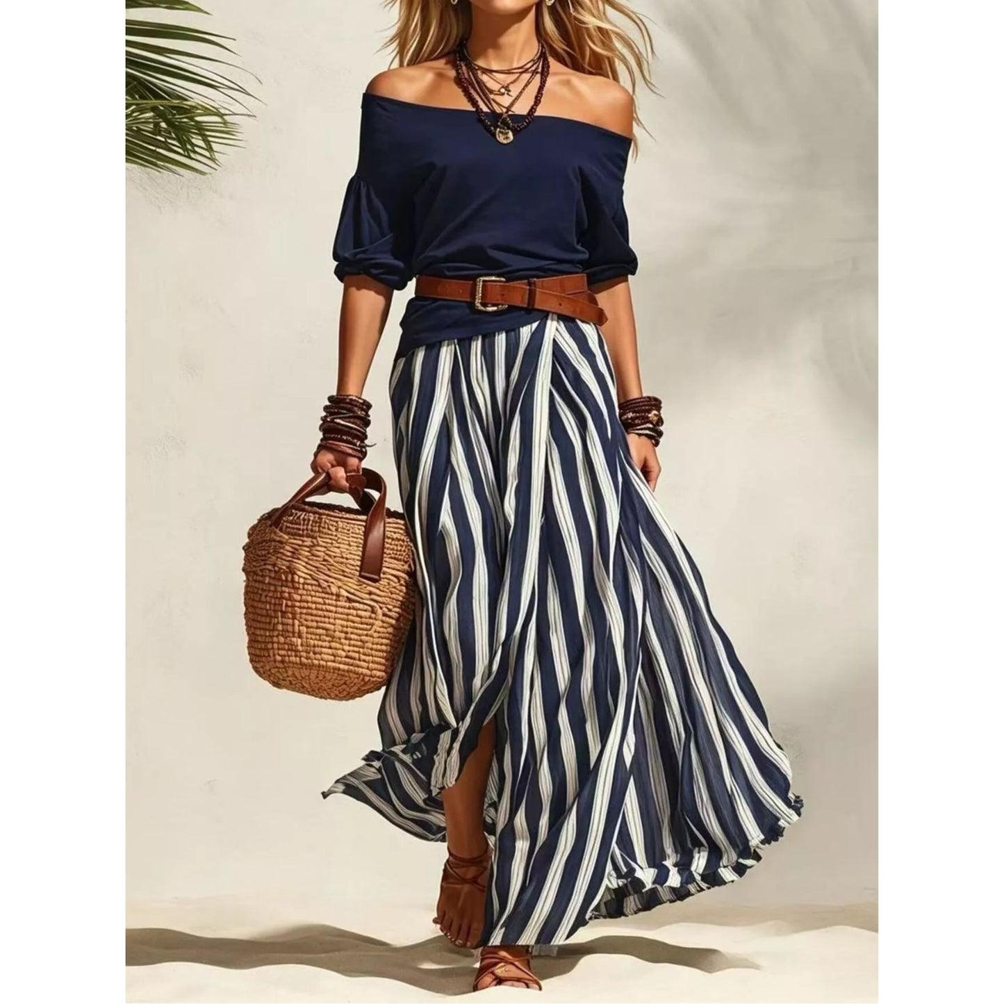 Off Shoulder Top and Striped Maxi Skirt Set