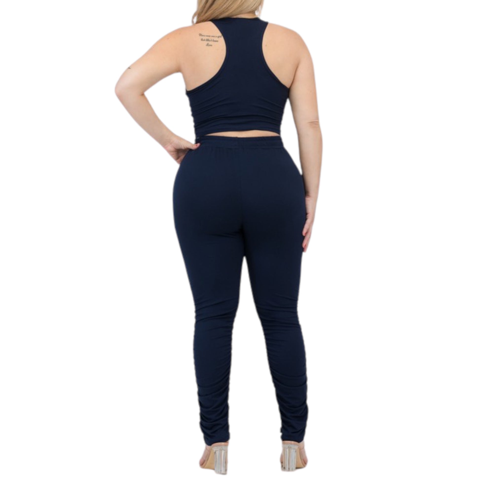 Navy Plus Size Crop Tank Top & Ruched Pants Set Back view