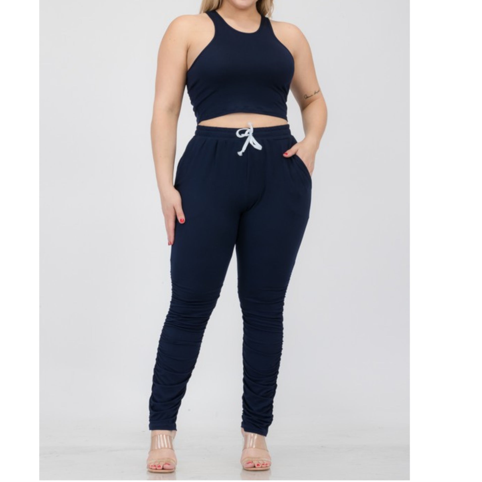 Navy Plus Size Crop Tank Top & Ruched Pants Set Front view