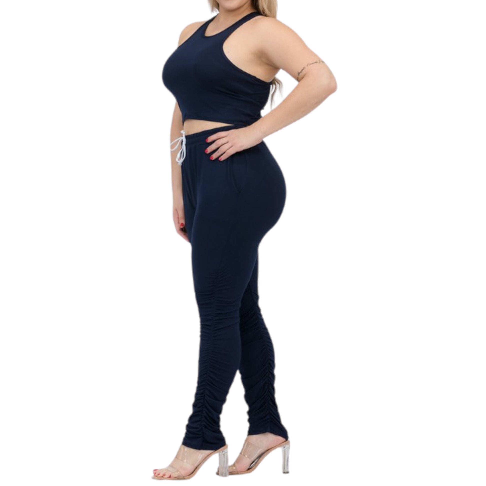 Navy Plus Size Crop Tank Top & Ruched Pants Set Side view