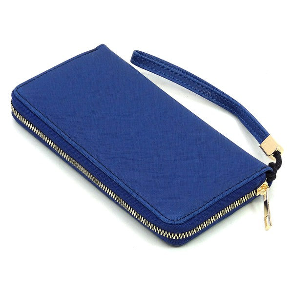 Navy Saffiano Zip Around Wallet Wristlet Flat