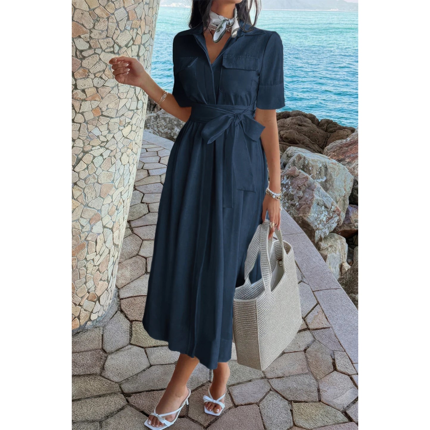 Solid Pocket Turn Down Collar A Line Dress