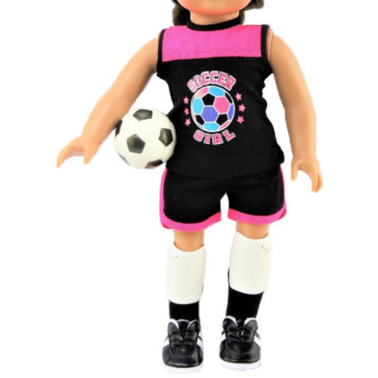 Neon Pink and Black Soccer Girl Outfit for 18-inch dolls with doll