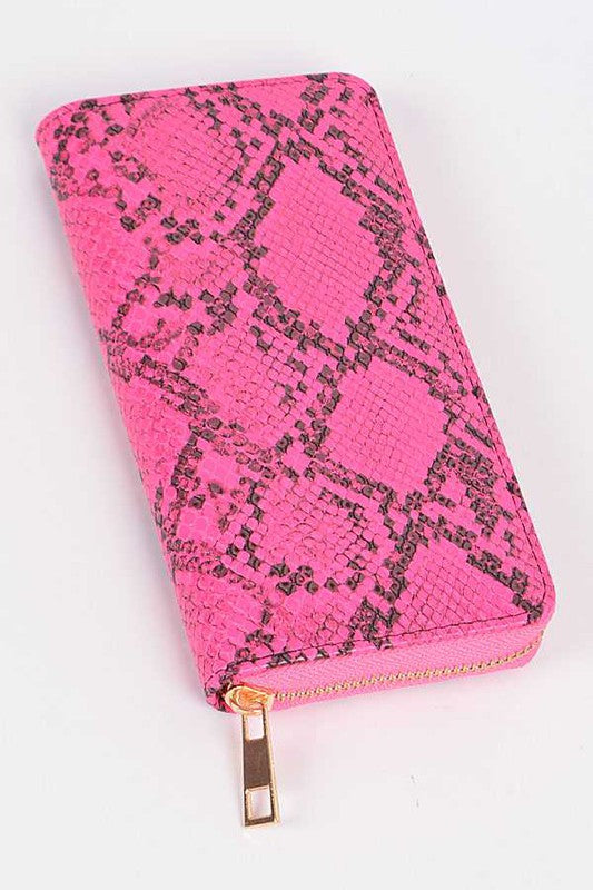 Neon Fuchsia Python Printed Fashion Wallet Flat