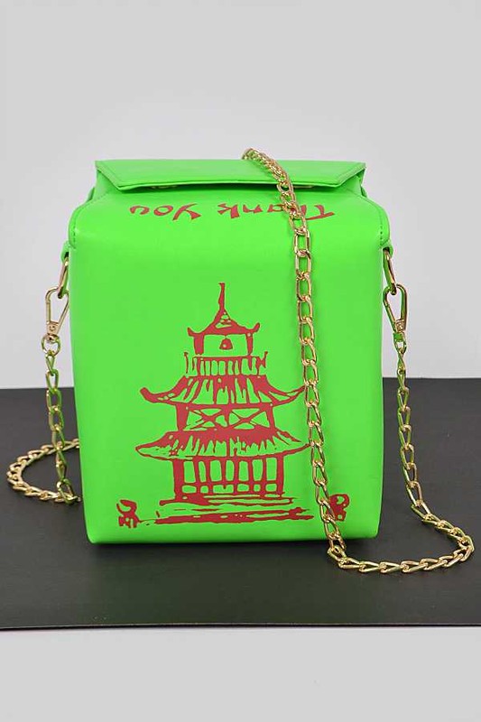 Neon Green Chinese Take Out Box Fashion Clutch Front view