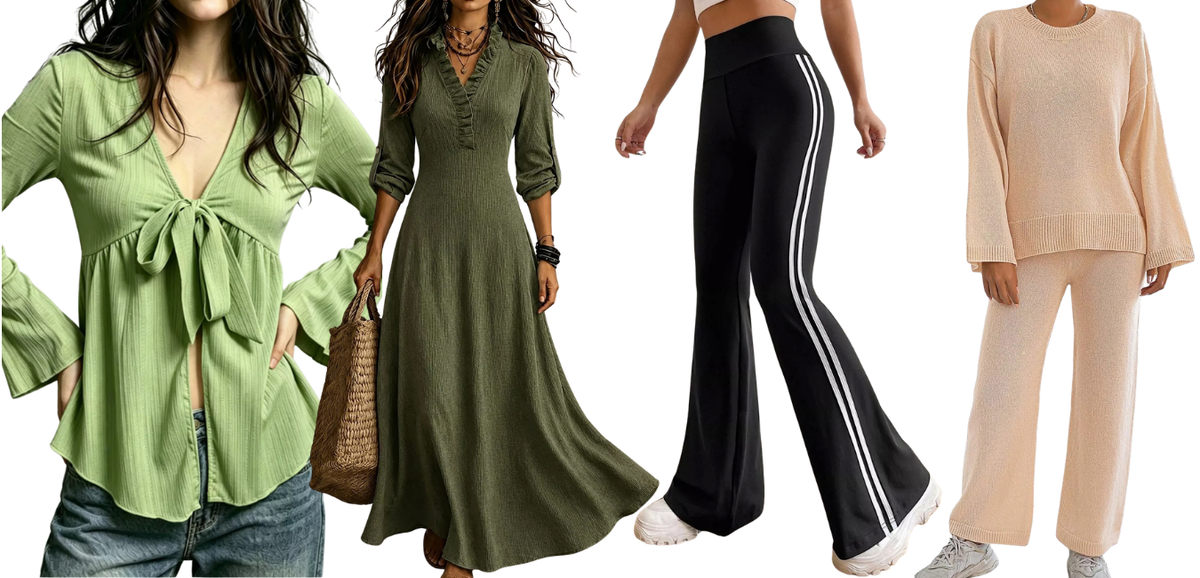 Four women modeling different women's apparel items on a plain white background: a green long-sleeve blouse with a tie-front hem, an olive green maxi dress, black flared pants with white side stripes, and a light beige long-sleeve top with matching wide-leg pants.