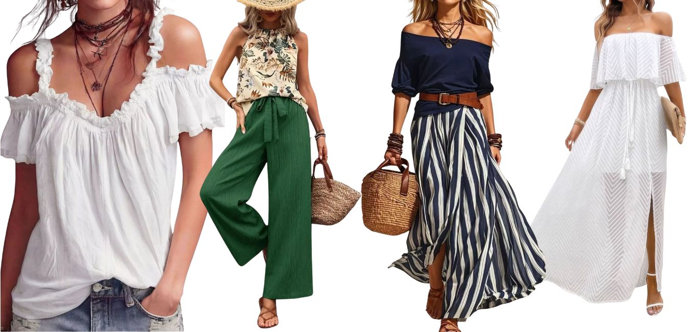 Four women wearing different summer outfits with accessories on a plain background