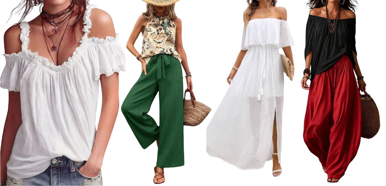 Four women modeling off-the-shoulder bohemian-style clothing on a plain white background, including a white ruffled top, a green wide-leg pant set with a patterned top, a long white dress, and a black top with red harem pants.