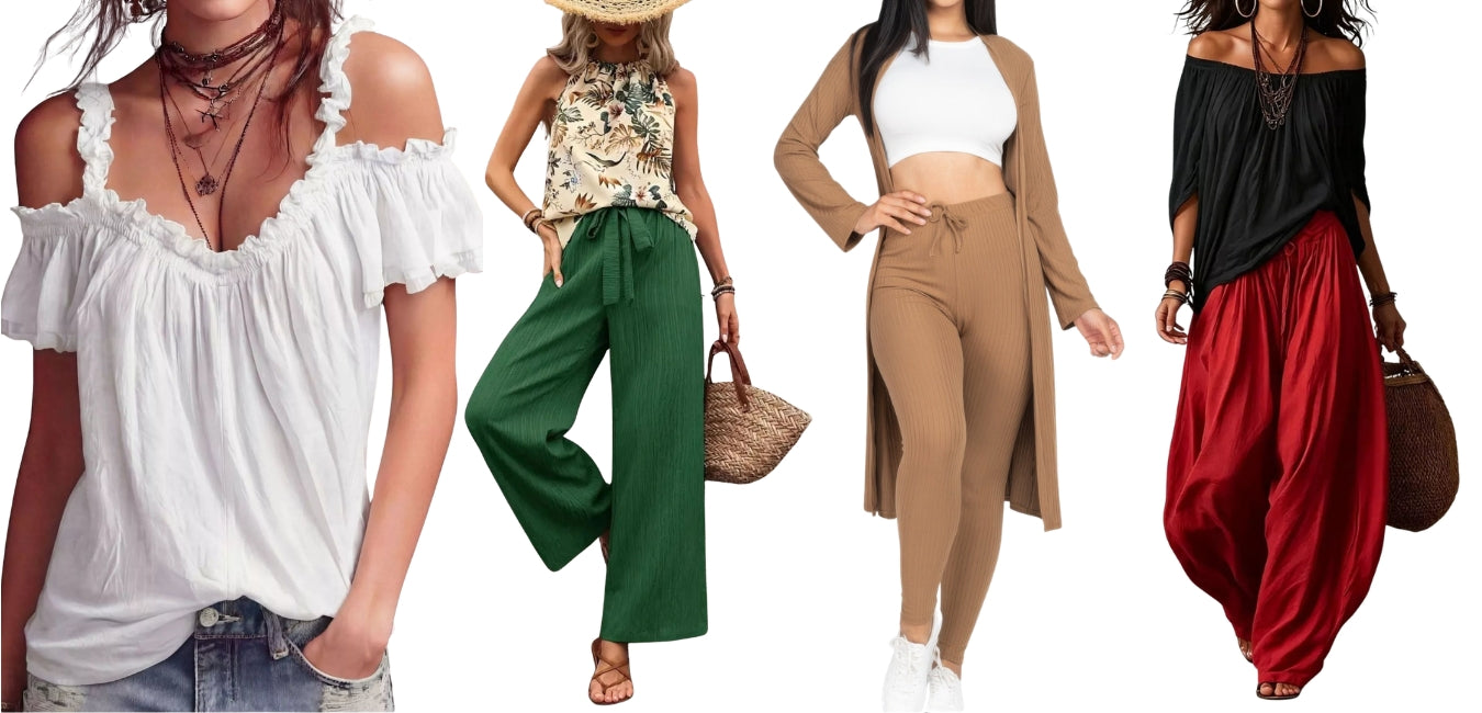 Four women modeling different bohemian-style off-the-shoulder outfits against a plain white background. The outfits include a white ruffled top, a green wide-leg pant set with a floral top, a beige crop top with a long cardigan, and a black off-the-shoulder top with red harem pants.