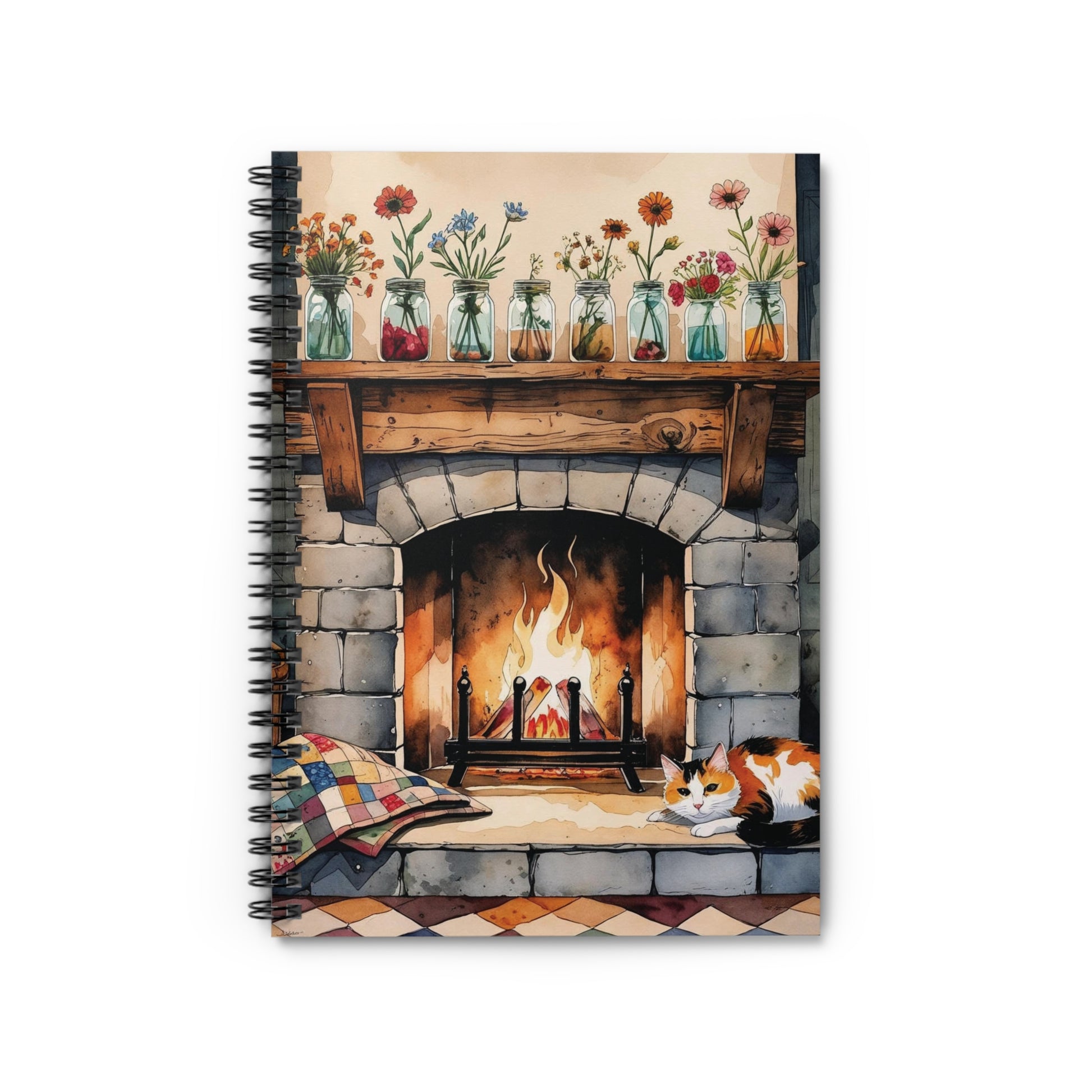 Notebook cover with a fireplace scene, cat, and flowers on a white background