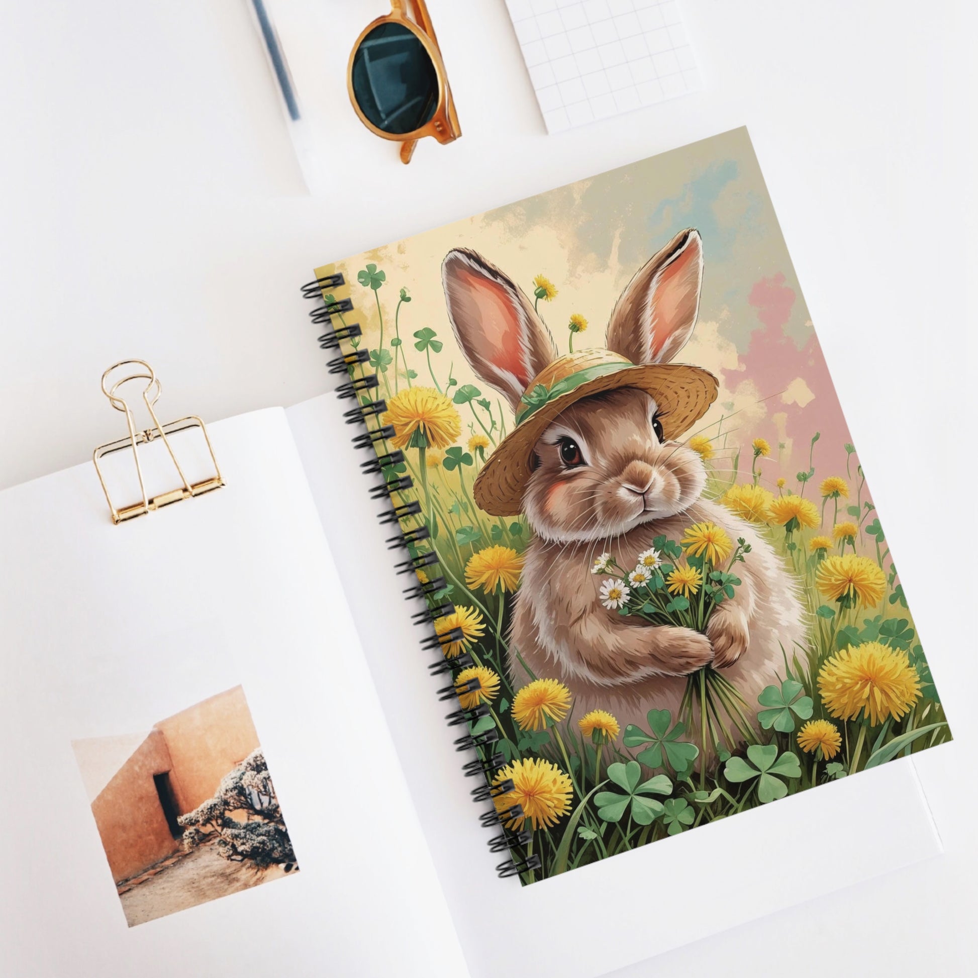 Notebook with a rabbit illustration on a white surface