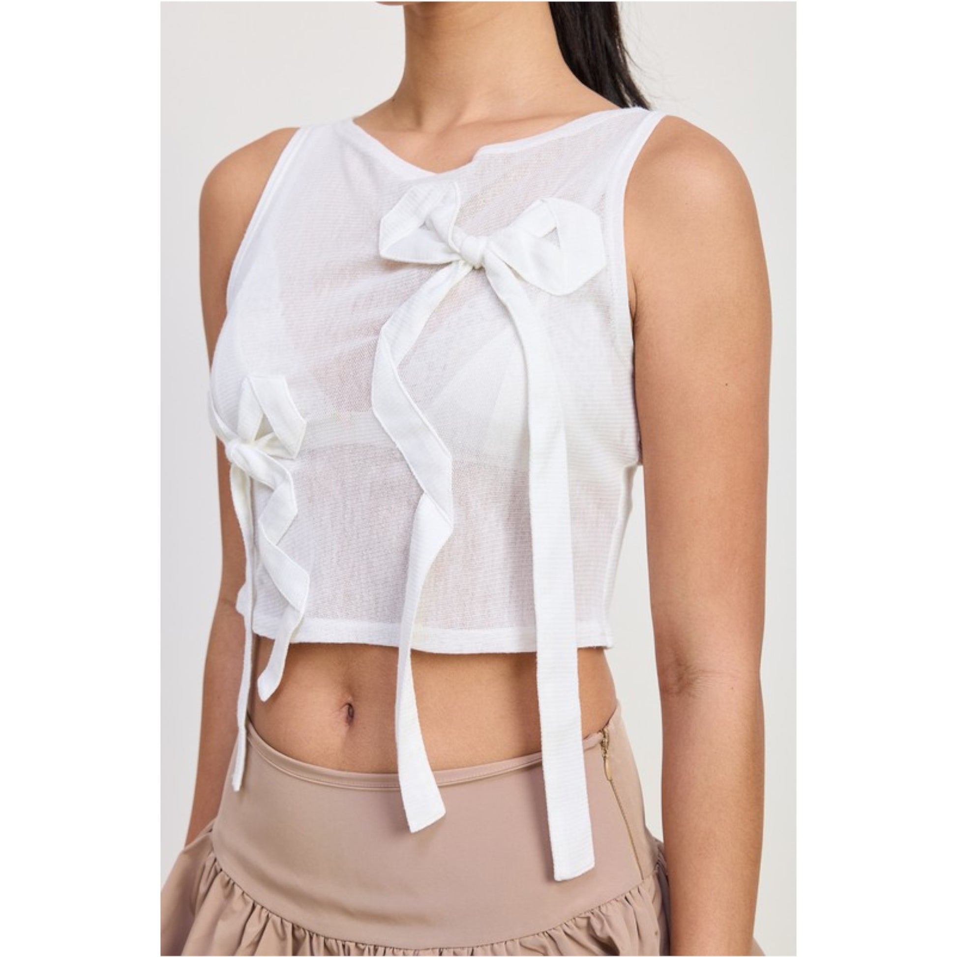 Off White Sleeveless Sheer Bow Top Front view