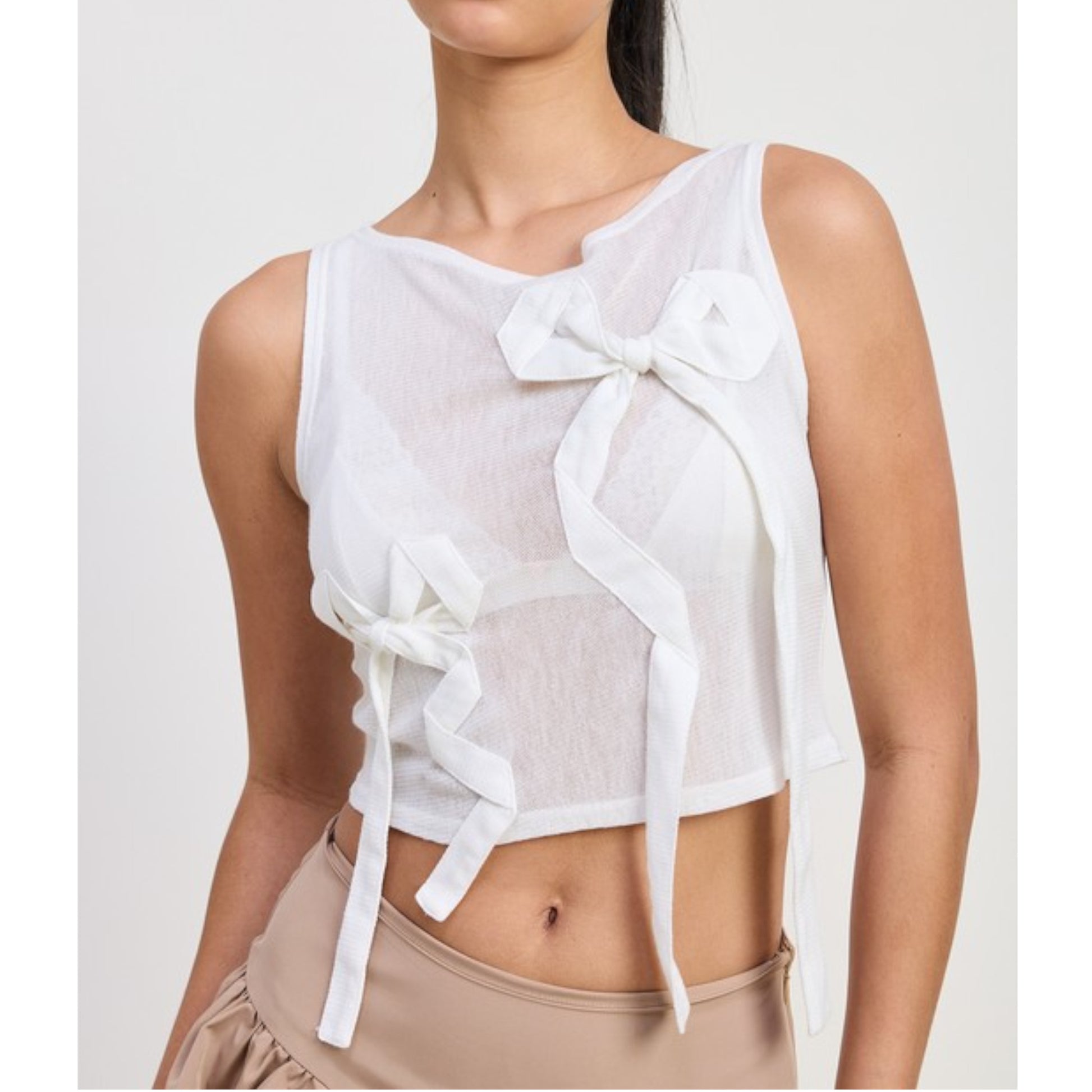 Off White Sleeveless Sheer Bow Top Front view 2