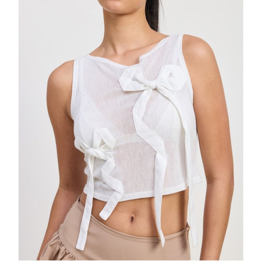 Off White Sleeveless Sheer Bow Top Front view 2