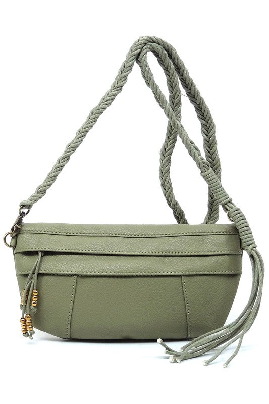 Olive Braided Tassel Strap Crossbody Bag Front view Strap Up
