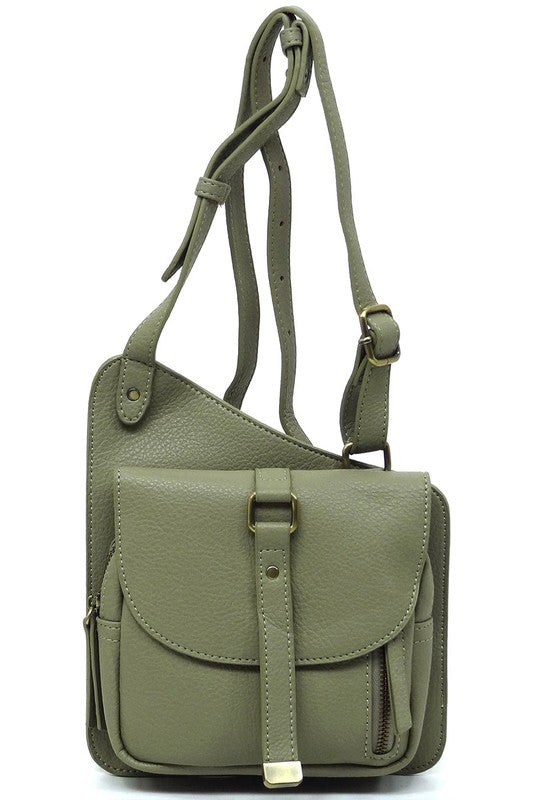Olive Fashion Flat Crossbody Bag Front view with Strap Up