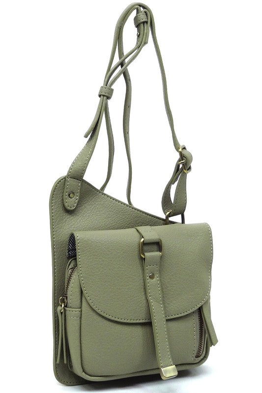 Olive Fashion Flat Crossbody Bag Side view with Strap Up