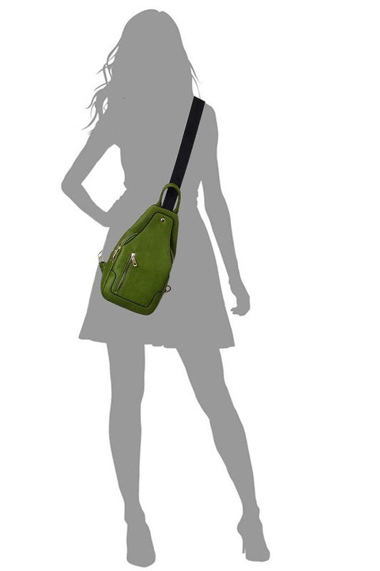 Olive Fashion Sling Backpack on Sihouette Model