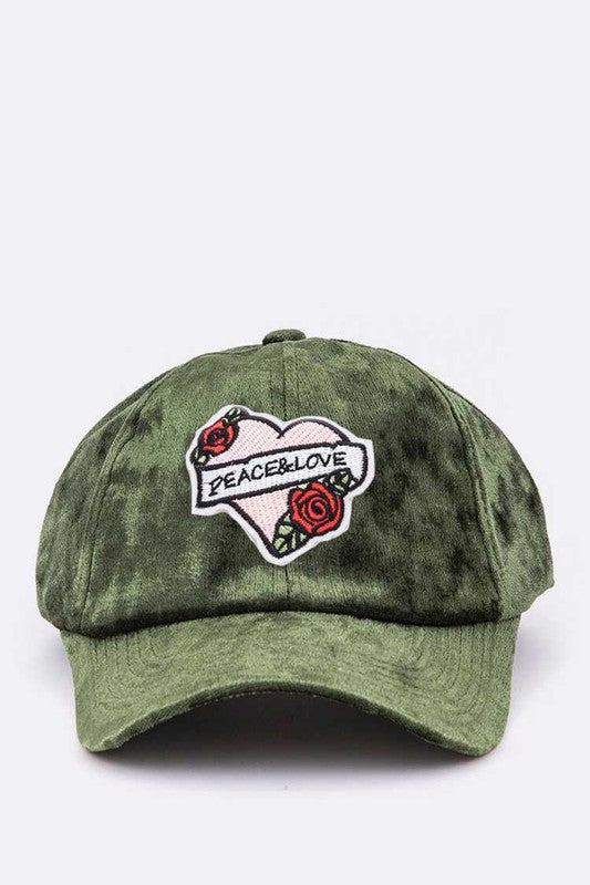 Olive Peace And Love Heart Patch Distress Velour Cap