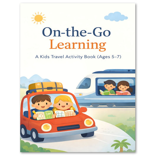 Book cover of 'On-the-Go Learning' with children in a car and suitcase.