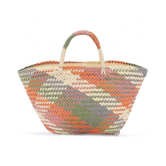 Woven basket with multicolor pattern on a white background