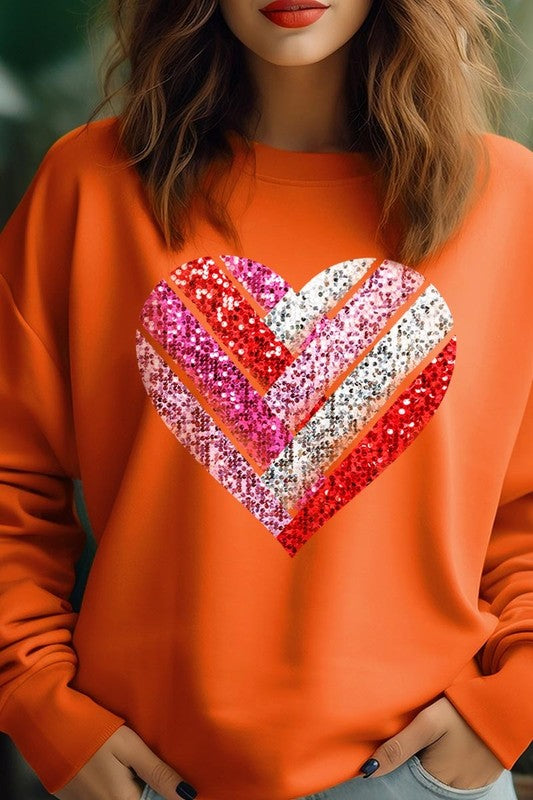 Orange Faux Sequins Striped Heart Graphic Sweatshirt Size Chart